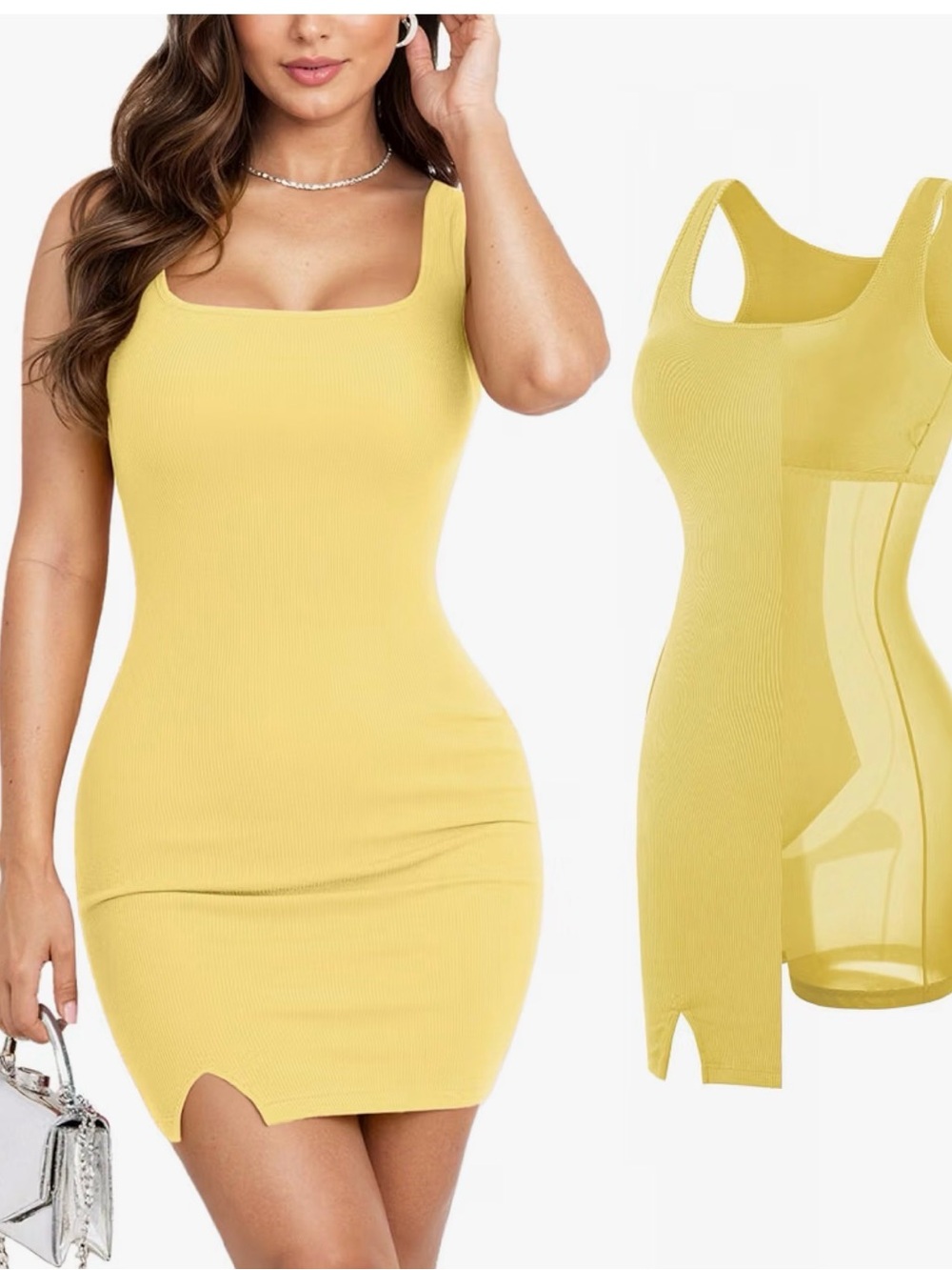 Popilush Yellow Bodycon Dresses Women Built in Shapewear Bra Mini Party Dress